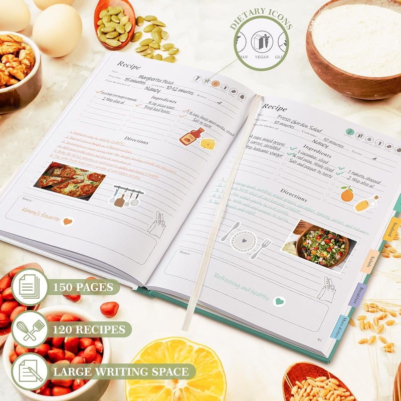 Lanpn B5 Blank Recipe Book Cookbook to Write in Your Own Recipes, Leather Cover Waterproof Empty Cooking Journal for 70 Recipes, Recipe Notebook with Stickers to Organize Your Family Recipes - Image 3